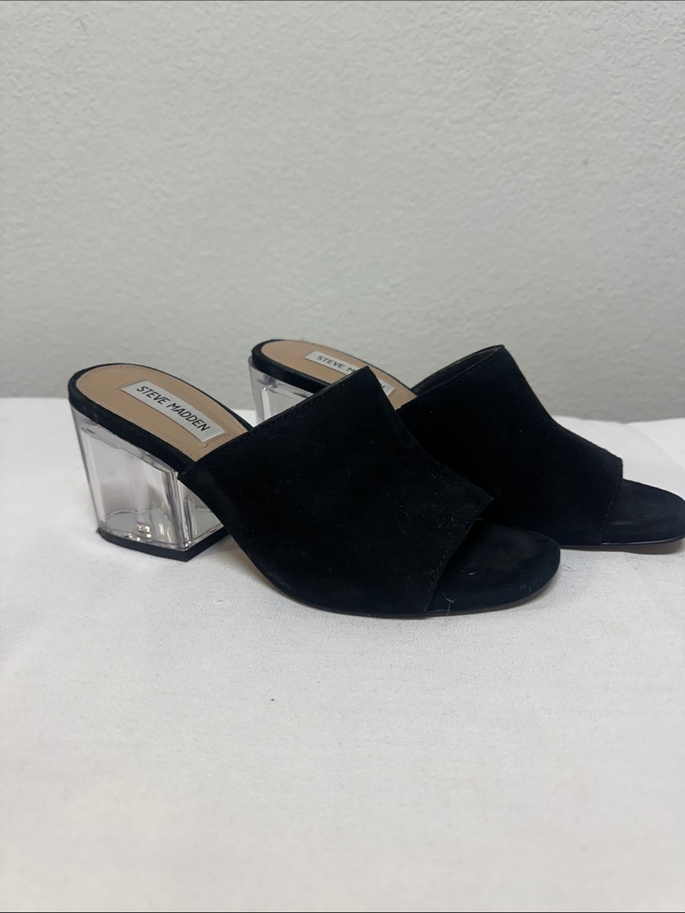 Steve Madden Black Suede Mule with Clear Block Heel 7.5